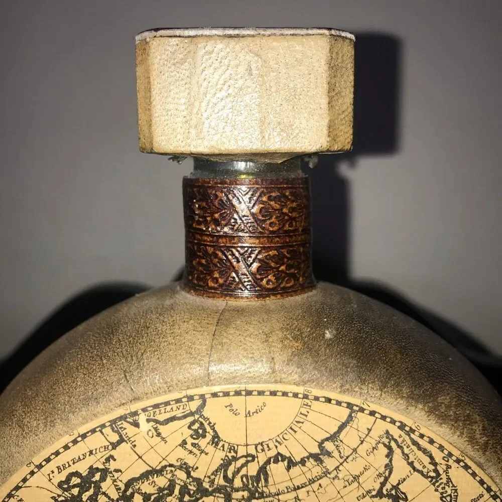 VTG Glass Bottle in Leather Case - Map Design Made in Italy